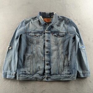 Levi's Denim Jacket Mens 2XL Blue Trucker Jean Coat Distressed Ripped Faded